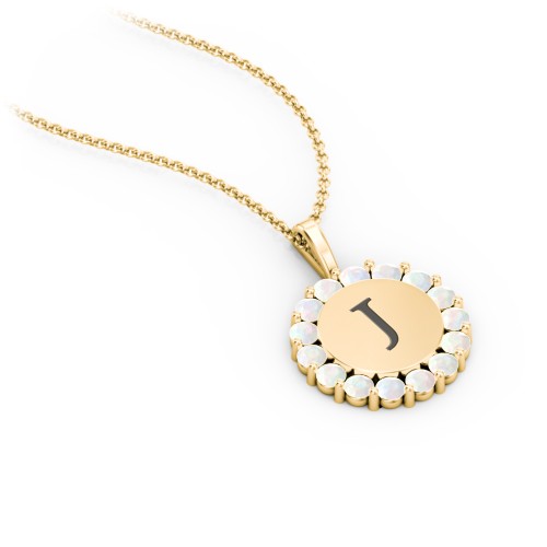 Initial Halo Disc Necklace with Gemstones – 18K Gold Plated Silver with Opal