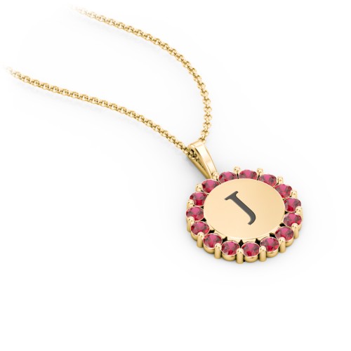 Initial Halo Disc Necklace with Gemstones – 18K Gold Plated Silver with Garnet