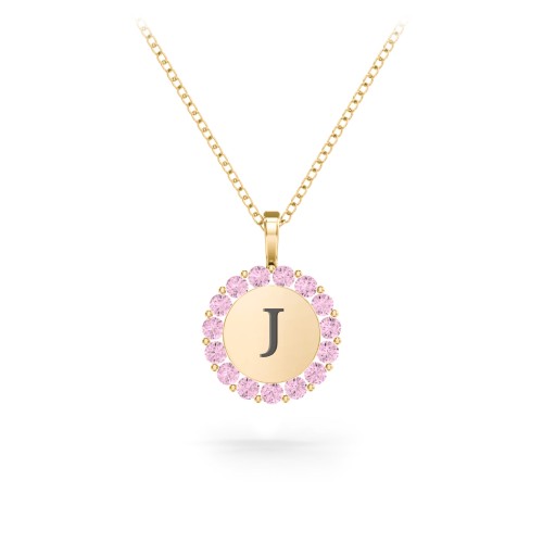 Initial Halo Disc Necklace with Gemstones – 18K Gold Plated Silver with Pink Tourmaline