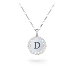 Initial Halo Disc Necklace with Gemstones in 925 Sterling Silver with Opal