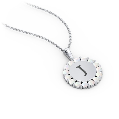 Initial Halo Disc Necklace with Gemstones – Sterling Silver with Opal