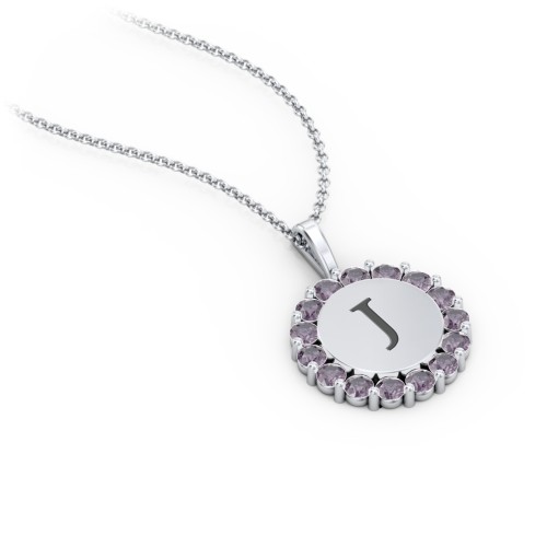 Initial Halo Disc Necklace with Gemstones – Sterling Silver with Alexandrite