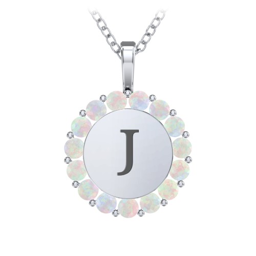 Initial Halo Disc Necklace with Gemstones – Sterling Silver with Opal