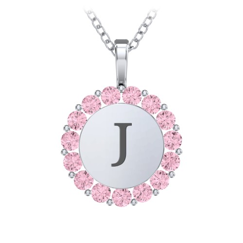 Initial Halo Disc Necklace with Gemstones – Sterling Silver with Pink Tourmaline