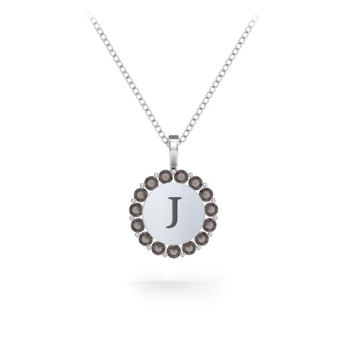 Initial Halo Disc Necklace with Gemstones – Sterling Silver with Smokey Quartz