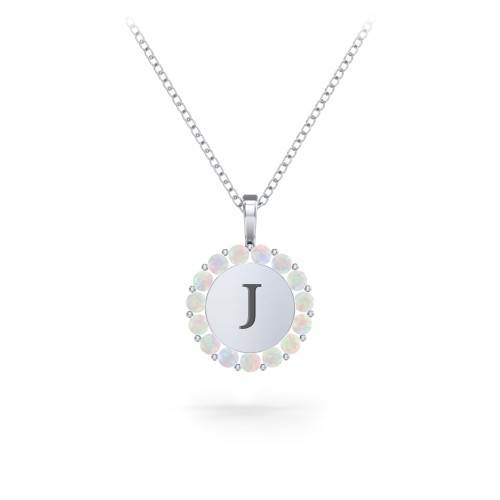 Initial Halo Disc Necklace with Gemstones – Sterling Silver with Opal