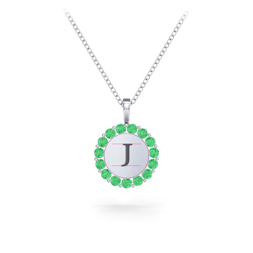 Initial Halo Disc Necklace with Gemstones – Sterling Silver with Emerald
