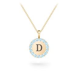 Initial Halo Disc Necklace with Gemstones in 9K Solid Yellow Gold with Blue Topaz