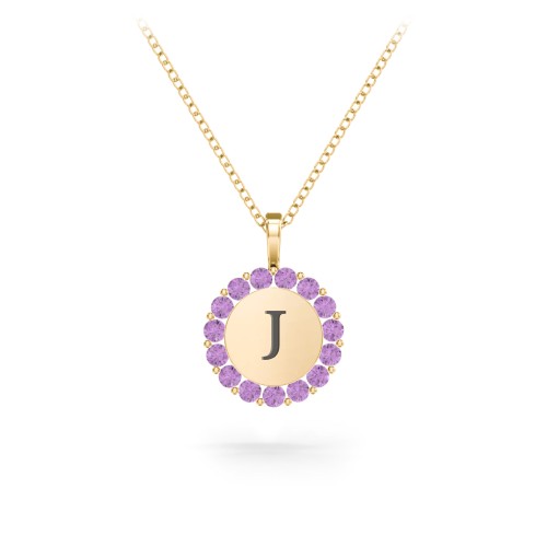 Initial Halo Disc Necklace with Gemstones – 9kt Yellow Gold with Amethyst
