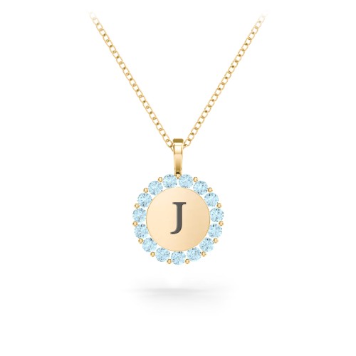 Initial Halo Disc Necklace with Gemstones – 9kt Yellow Gold with Blue Topaz