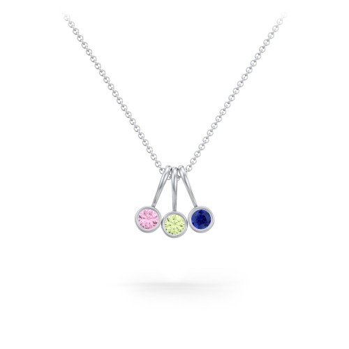 Multi Bezel Set Birthstone Necklace - 3 Stone – Sterling Silver with Pink Tourmaline, Peridot, and Blue Sapphire