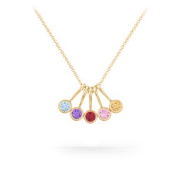 Multi Bezel Set Birthstone Necklace - 5 Stone in 9K Solid Yellow Gold with Blue Topaz, Amethyst, Red Premium Zirconia, Fancy Pink Premium Zirconia, Citrine, and Peridot