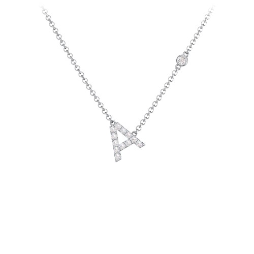 Pavé A Initial Necklace with Satellite Gemstone – Sterling Silver with Diamond