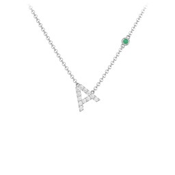 Pavé A Initial Necklace with Satellite Gemstone in 925 Sterling Silver with White Premium Zirconia and Emerald