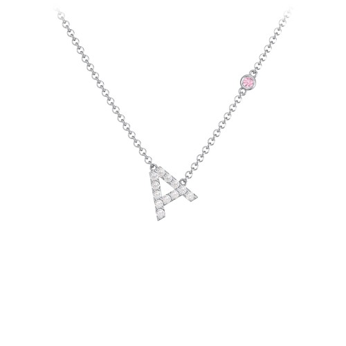 Pavé A Initial Necklace with Satellite Gemstone – Sterling Silver with White Premium Zirconia and Pink Tourmaline