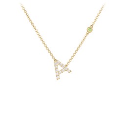 Pavé A Initial Necklace with Satellite Gemstone in 9K Solid Yellow Gold with White Premium Zirconia and Peridot