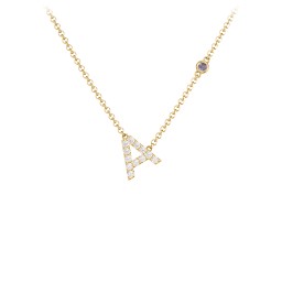 Pavé A Initial Necklace with Satellite Gemstone in 9K Solid Yellow Gold with White Premium Zirconia and Alexandrite