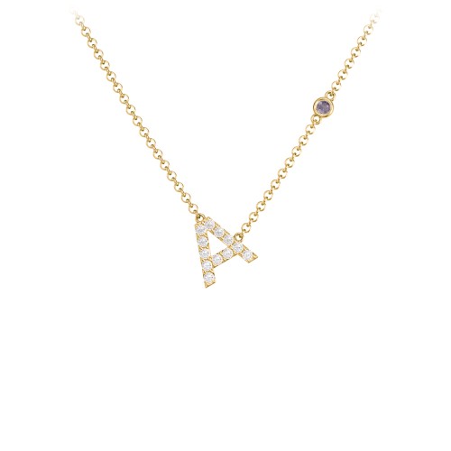 Pavé A Initial Necklace with Satellite Gemstone – 9kt Yellow Gold with White Premium Zirconia and Alexandrite
