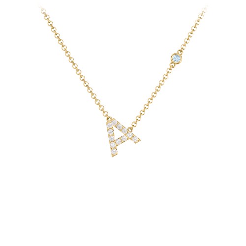 Pavé A Initial Necklace with Satellite Gemstone – 9kt Yellow Gold with White Premium Zirconia and Blue Topaz