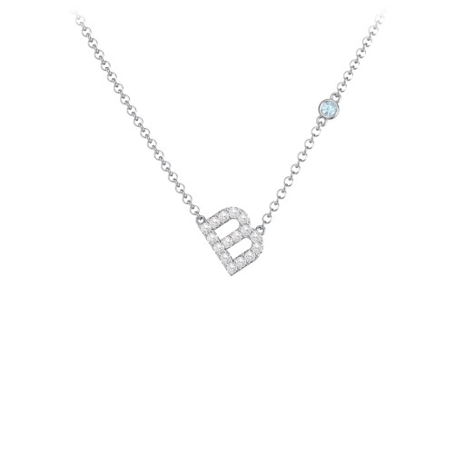 Pavé B Initial Necklace with Satellite Gemstone – Sterling Silver with White Premium Zirconia and Blue Topaz