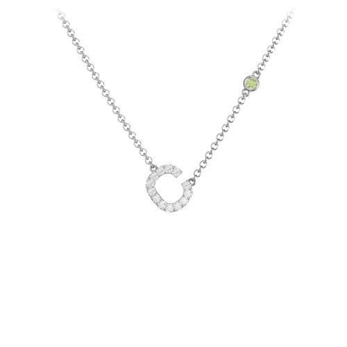 Pavé C Initial Necklace with Satellite Gemstone – Sterling Silver with White Premium Zirconia and Peridot