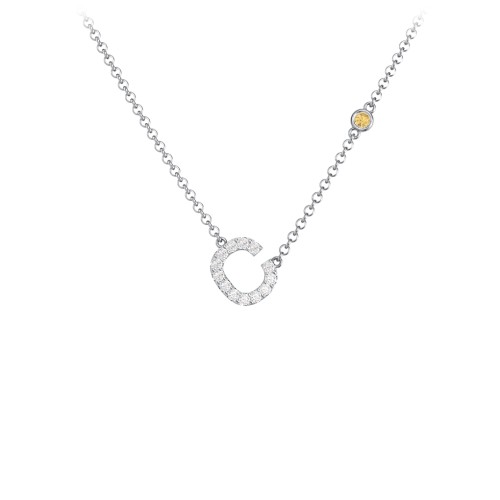 Pavé C Initial Necklace with Satellite Gemstone – Sterling Silver with White Premium Zirconia and Citrine