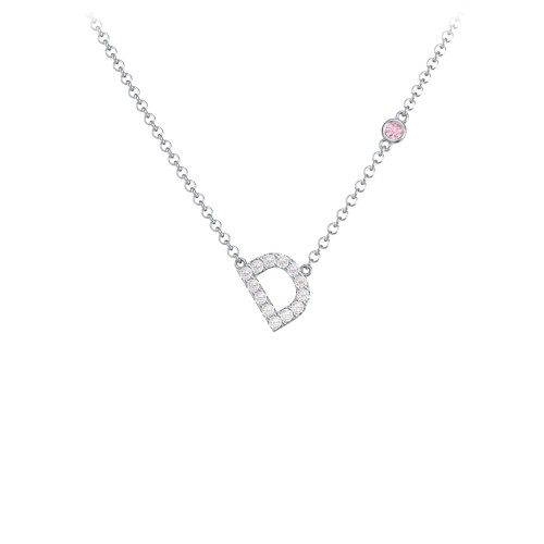Pavé D Initial Necklace with Satellite Gemstone – Sterling Silver with White Premium Zirconia and Pink Tourmaline