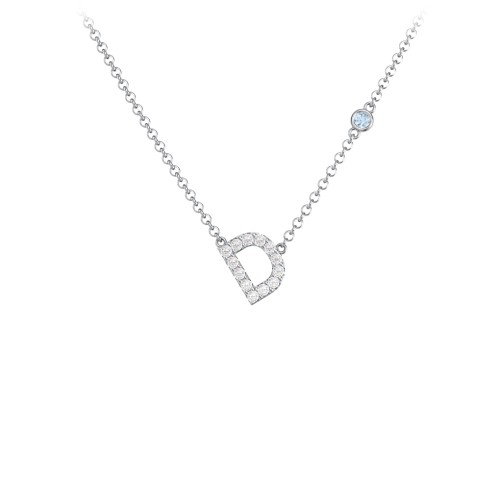 Pavé D Initial Necklace with Satellite Gemstone – Sterling Silver with White Premium Zirconia and Blue Topaz