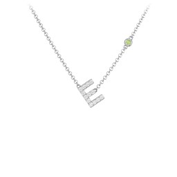 Pavé E Initial Necklace with Satellite Gemstone in 925 Sterling Silver with White Premium Zirconia and Peridot
