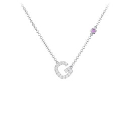 Pavé G Initial Necklace with Satellite Gemstone in 925 Sterling Silver with White Premium Zirconia and Amethyst