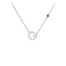 Pavé G Initial Necklace with Satellite Gemstone in 925 Sterling Silver with White Premium Zirconia and Ruby