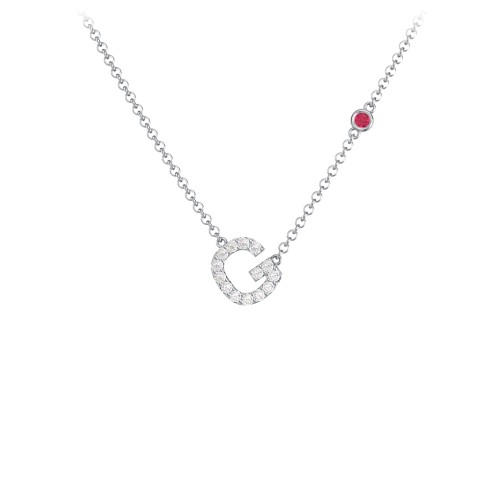 Pavé G Initial Necklace with Satellite Gemstone – Sterling Silver with White Premium Zirconia and Ruby