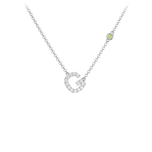 Pavé G Initial Necklace with Satellite Gemstone – Sterling Silver with White Premium Zirconia and Peridot