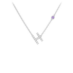Pavé H Initial Necklace with Satellite Gemstone in 925 Sterling Silver with White Premium Zirconia and Amethyst