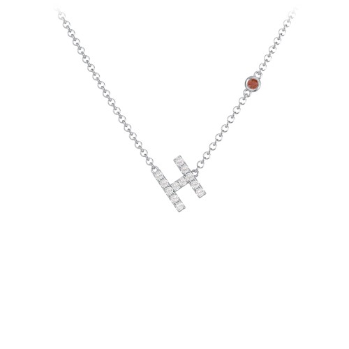Pavé H Initial Necklace with Satellite Gemstone – Sterling Silver with White Premium Zirconia and Garnet