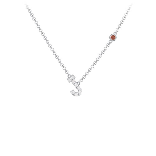Pavé J Initial Necklace with Satellite Gemstone – Sterling Silver with White Premium Zirconia and Garnet