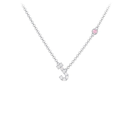 Pavé J Initial Necklace with Satellite Gemstone – Sterling Silver with White Premium Zirconia and Pink Tourmaline