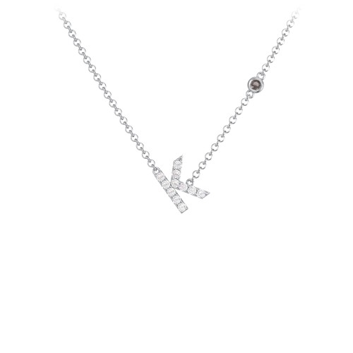 Pavé K Initial Necklace with Satellite Gemstone – Sterling Silver with White Premium Zirconia and Smokey Quartz