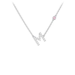 Pavé M Initial Necklace with Satellite Gemstone in 925 Sterling Silver with White Premium Zirconia and Pink Tourmaline