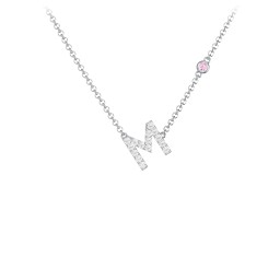 Pavé M Initial Necklace with Satellite Gemstone in 925 Sterling Silver with White Premium Zirconia and Pink Tourmaline