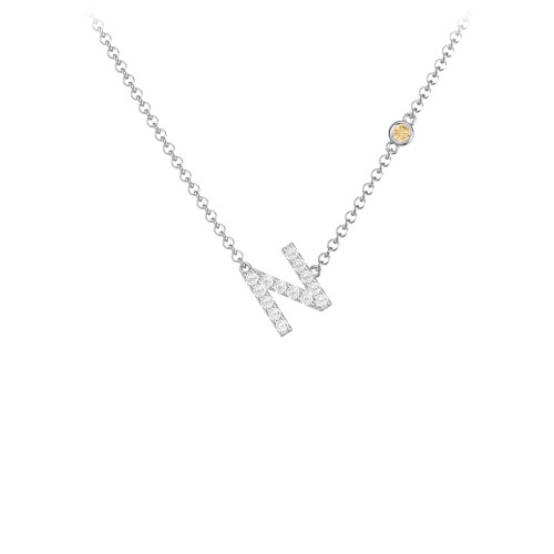 Pavé N Initial Necklace with Satellite Gemstone – Sterling Silver with White Premium Zirconia and Citrine