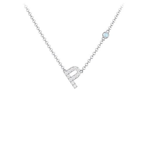 Pavé P Initial Necklace with Satellite Gemstone – Sterling Silver with White Premium Zirconia and Blue Topaz