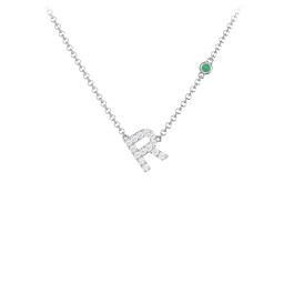 Pavé R Initial Necklace with Satellite Gemstone in 925 Sterling Silver with White Premium Zirconia and Emerald