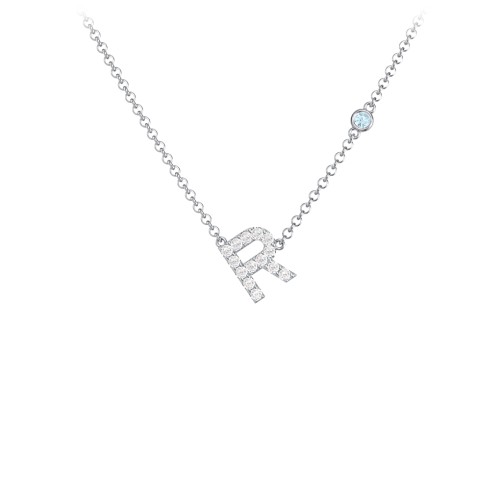Pavé R Initial Necklace with Satellite Gemstone – Sterling Silver with White Premium Zirconia and Blue Topaz