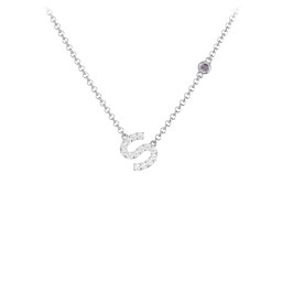 Pavé S Initial Necklace with Satellite Gemstone in 925 Sterling Silver with White Premium Zirconia and Alexandrite