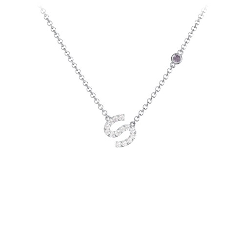 Pavé S Initial Necklace with Satellite Gemstone – Sterling Silver with White Premium Zirconia and Alexandrite