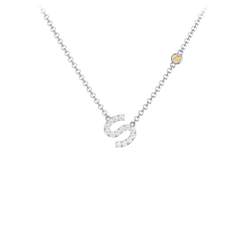 Pavé S Initial Necklace with Satellite Gemstone – Sterling Silver with White Premium Zirconia and Citrine
