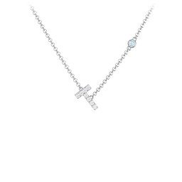 Pavé T Initial Necklace with Satellite Gemstone in 925 Sterling Silver with White Premium Zirconia and Blue Topaz