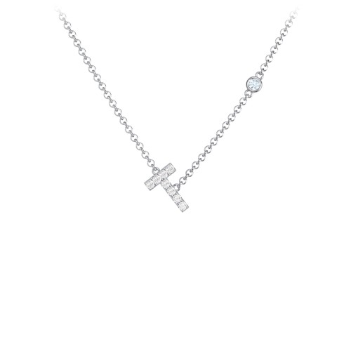 Pavé T Initial Necklace with Satellite Gemstone – Sterling Silver with White Premium Zirconia and Aquamarine