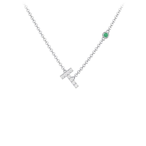 Pavé T Initial Necklace with Satellite Gemstone – Sterling Silver with White Premium Zirconia and Emerald